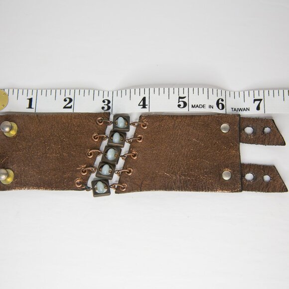 SOLD Bronze Leather Punk Wasteland Steampunk Style Cuff Bracelet Blue Stones - Picture 9 of 10